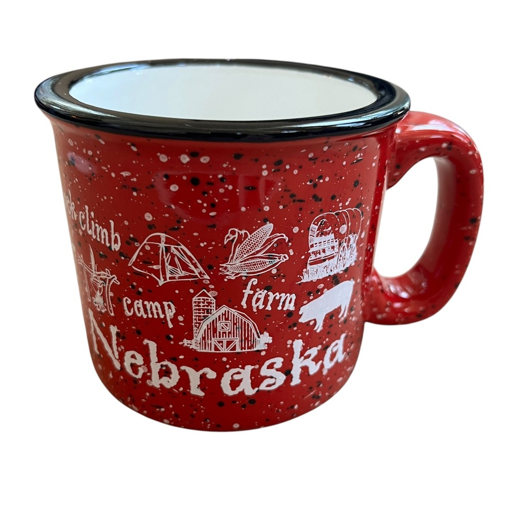 Nebraska The Good Life Red Speckled Ceramic Campfire Style Coffee Mug